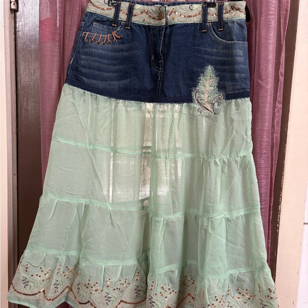 Vintage Y2K Fairycore Denim + Mint Green Midi Skirt - Picture 2 of 7